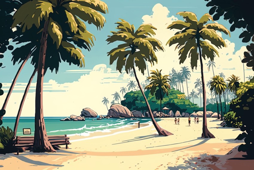 Vintage Poster Design: Beach with Palm Trees and Benches