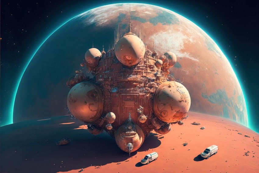 Captivating Spaceship Surrounded by Planets in Hyper-Realistic Urban Baroque Style