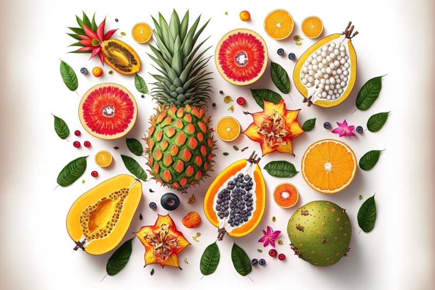Vibrant Tropical Fruits and Leaves Pattern - Photorealistic Renderings