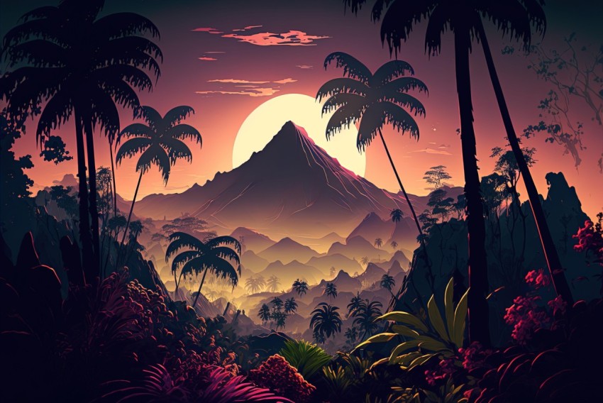 Dark Tropical Landscape at Sunset with Beautiful Trees - Adventure Pulp Style