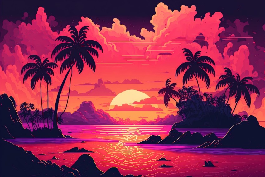 Pink Sunset with Palm Trees - Retrocore 2D Game Art