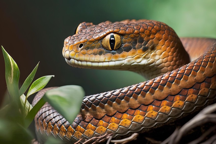 Snake on Leaves | Light Maroon and Amber | Exaggerated Facial Features