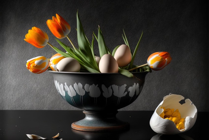 Meticulously Crafted Decor: Eggs in Black Bowl with Orange Tulips