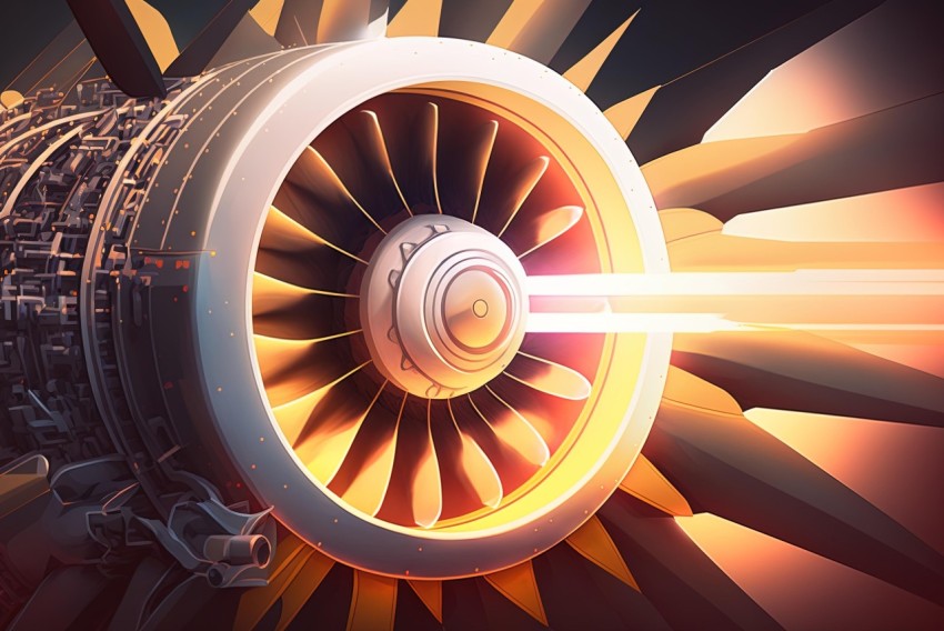 Architectural Illustration of an Aeroplane Engine with Sunlight Reflection