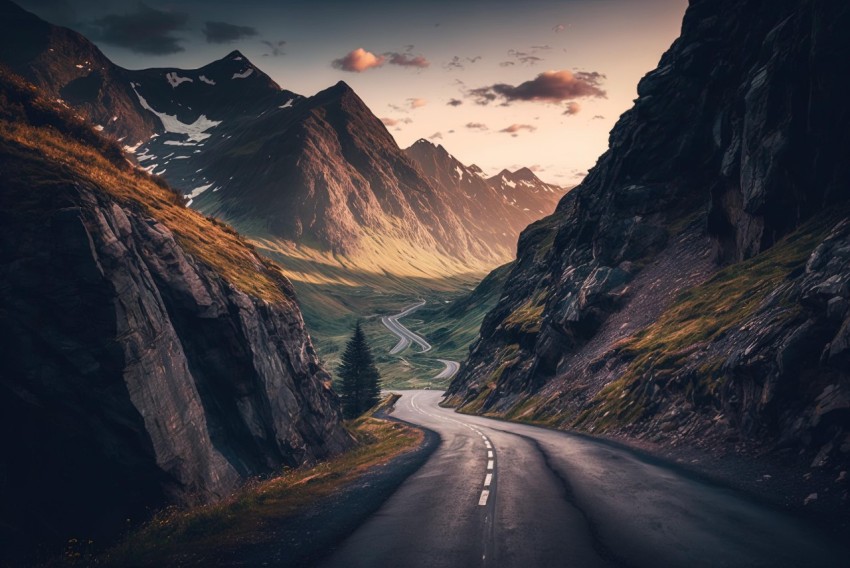 Road Through Mountains at Sunset in Swiss Style
