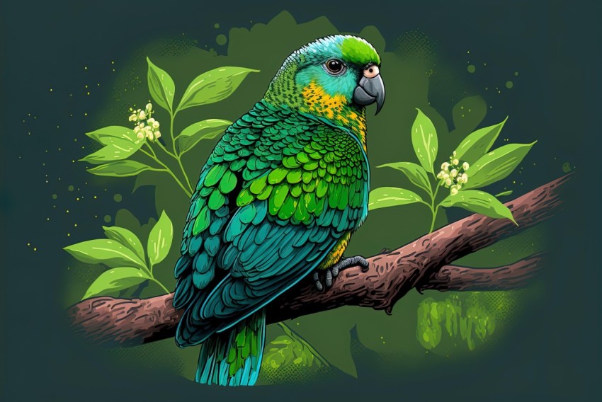 Blue Parrot on Branch with Green Foliage - Highly Detailed Illustration