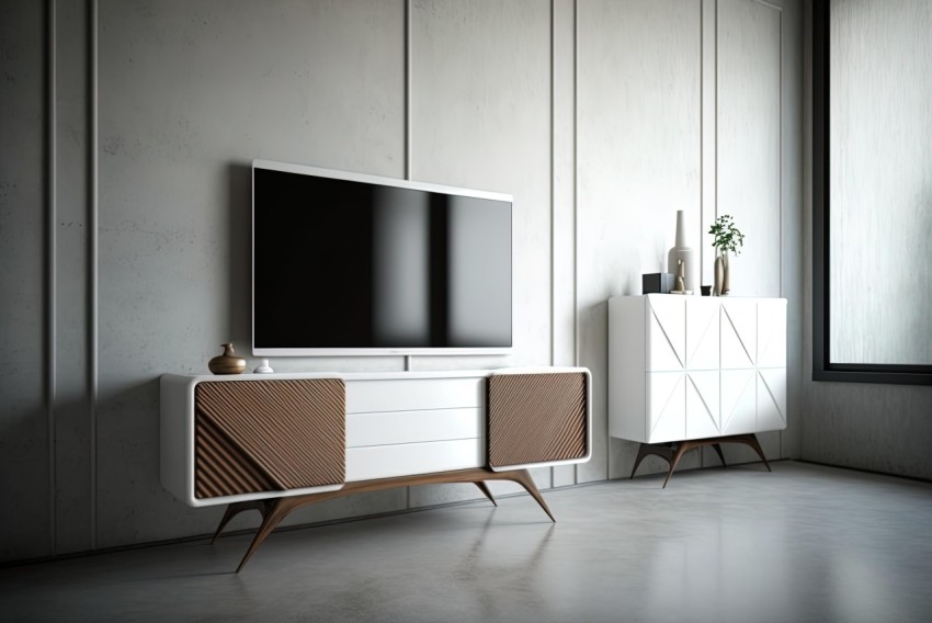 White, Black, and Walnut TV Stand with Retro Interior Scenes