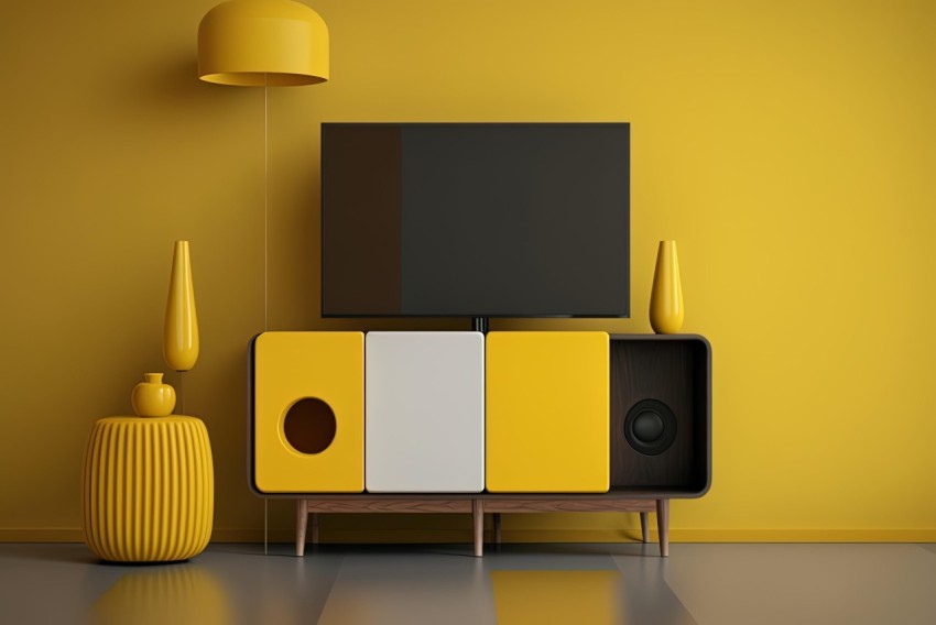 Yellow TV Stand Against a Moody Op Art Wall