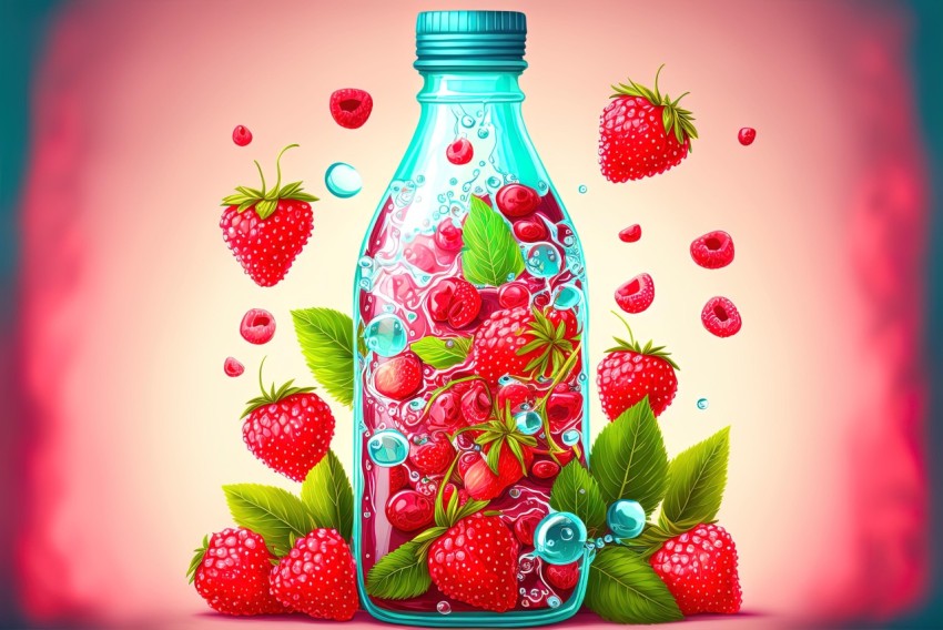 Juice Bottle with Raspberries and Leaves - Dreamlike Illustration