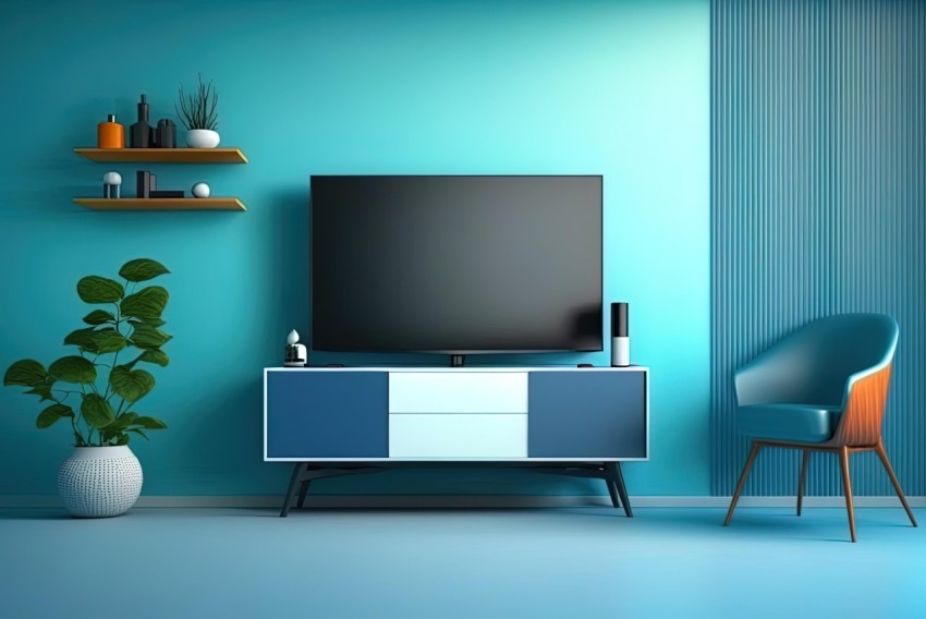Modern Living Room with Television and Potted Plant | Vibrant Blue Wall