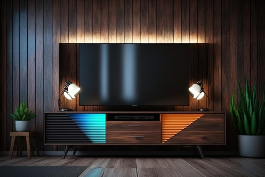 Modern TV Unit with Glowing Colors and Theatrical Lighting