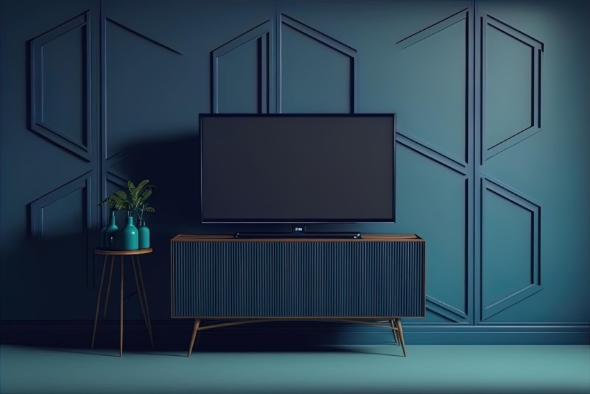 Blue TV Cabinet with Plants: Moody Atmosphere, Retro-Style