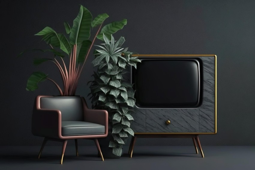 Dark and Brooding Designer Style: Retro TVs and Chairs with Plant