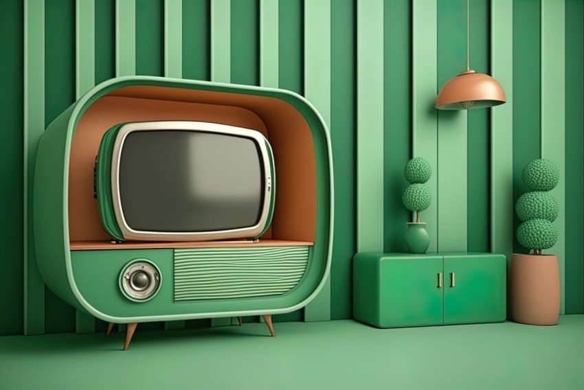 Retro TV on Green Walls: A Captivating Blend of Retro Futurism and Victorian Charm