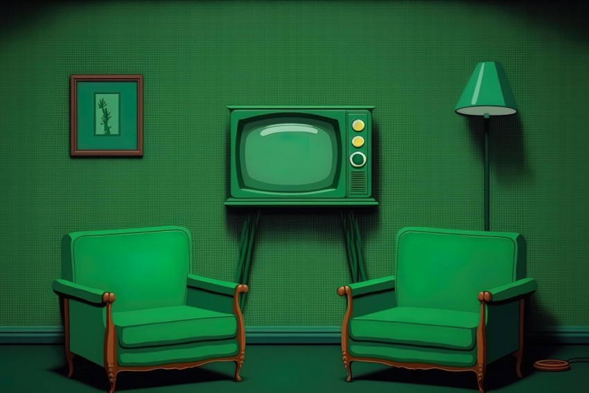 Interiors of Chairs near Green Television | Vintage Minimalism