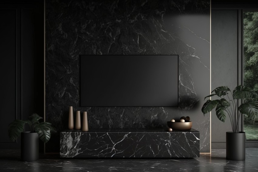 Dark Gold and Gray: Black Marble TV Stand and Stone Wall