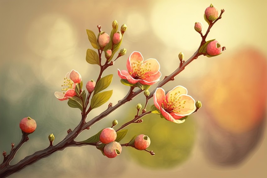 Flowers and Leaves on Branch - Realistic Landscape Illustration