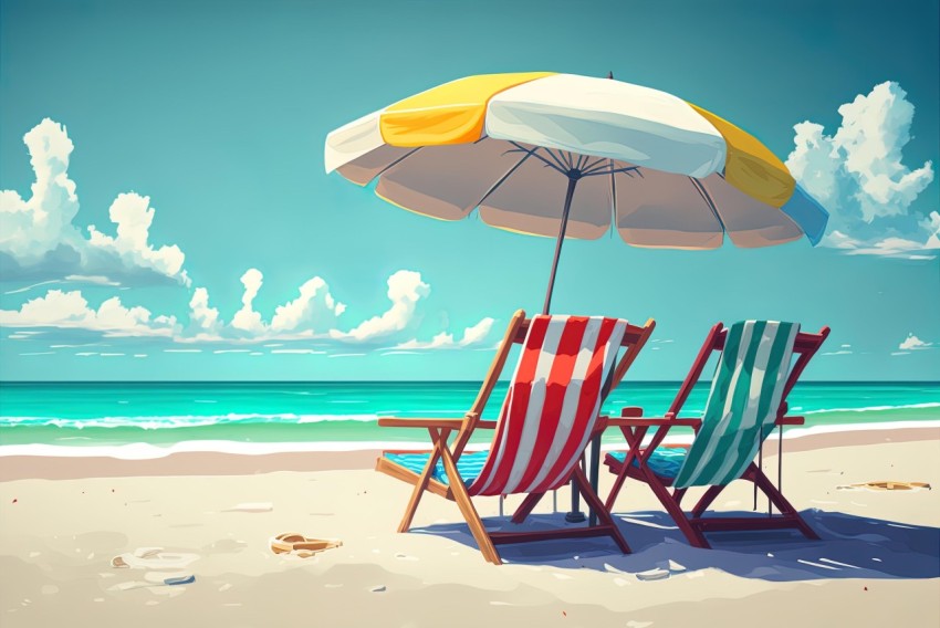 Striped Chairs and Umbrella on Beach | Animated Illustrations