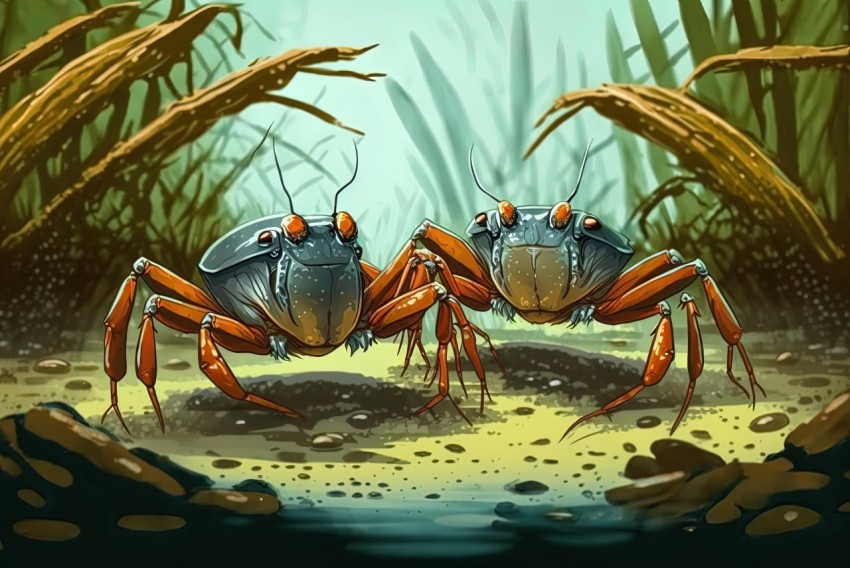 Crabs in Water: Exaggerated Caricatures and Detailed Hunting Scenes