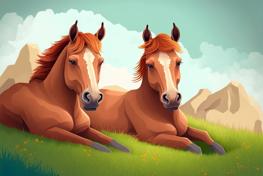 Detailed Character Illustration of Two Brown Horses on a Hill