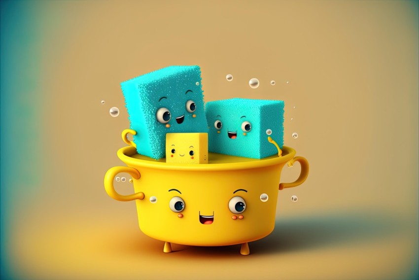 Playful Cartoon Characters in a Yellow Bucket | Vray Tracing | Aquamarine and Amber