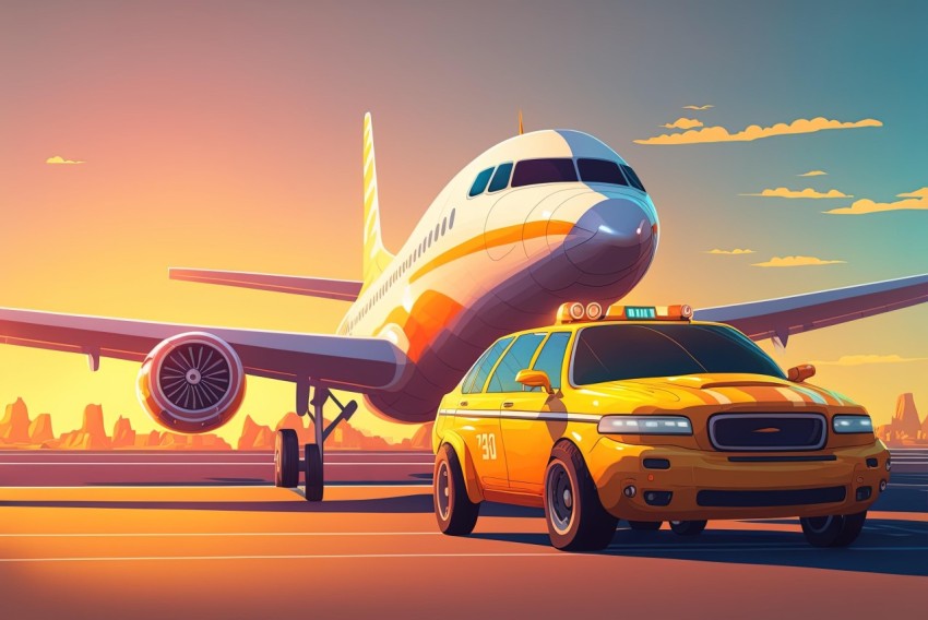 Taxi Pickup Service on Runway Next to Airplane - 2D Game Art