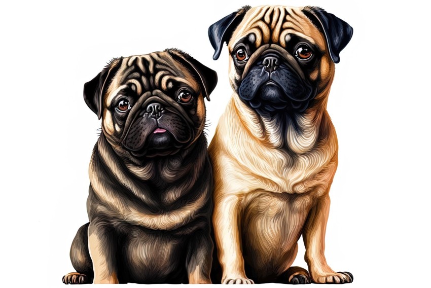 Realistic Painting of Two Pug Dogs in a White Background