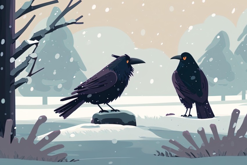 Snowy Woods Illustration: Playful Flat Art with Realistic Birds