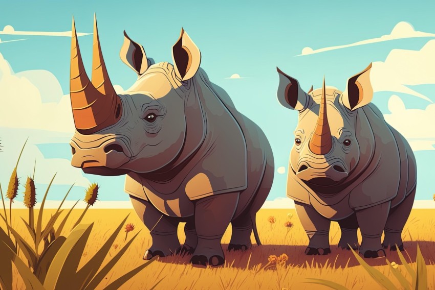 Rhinos in a Grass Field: A Captivating 2D Game Art Illustration