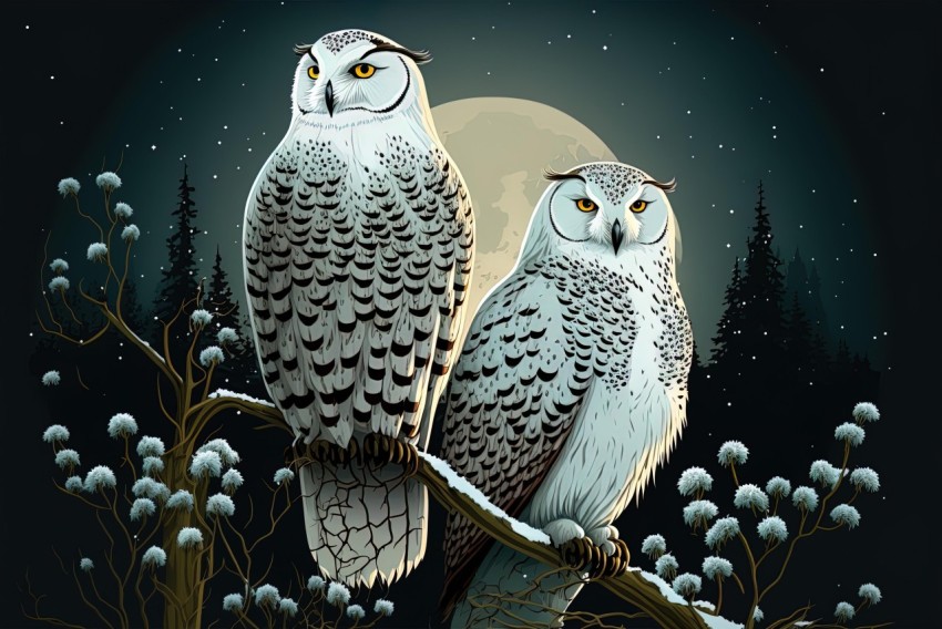 Snowy Owls Standing Near a Tree - Hyper-Detailed Illustration