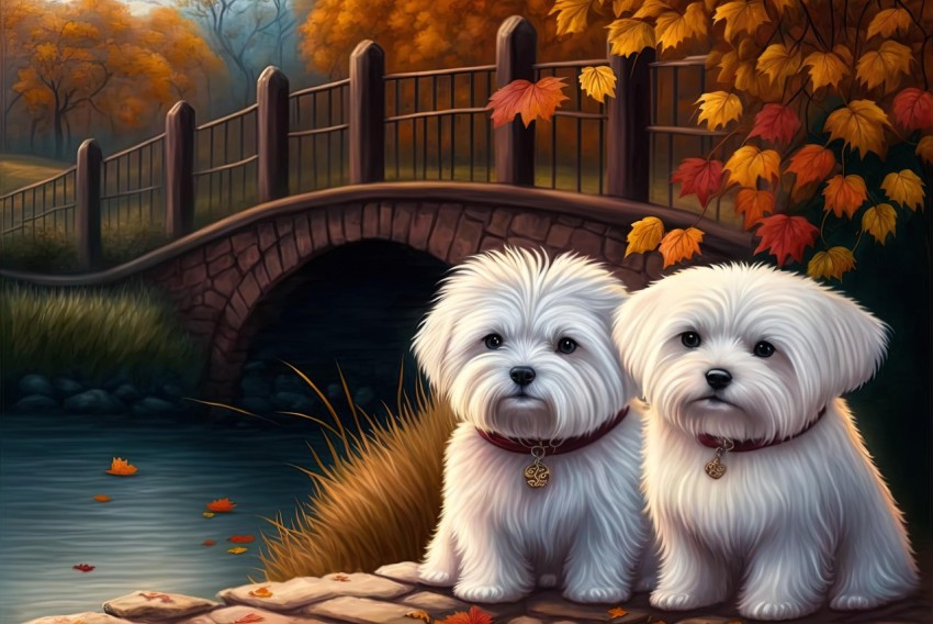 White Dogs on Bridge - Beautiful Illustration in Colorful Cartoon Style
