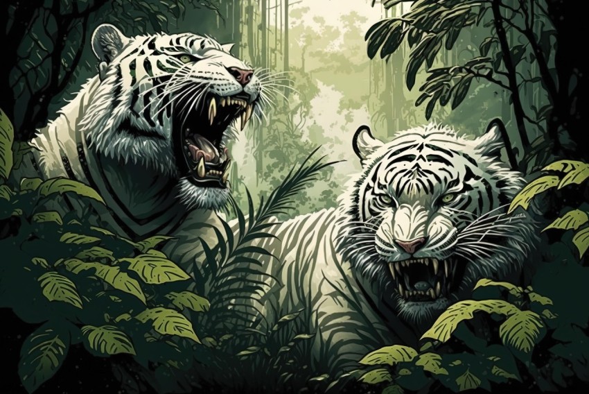 White Tigers in Jungle: Detailed Fantasy Art with Comic Art and 2D Game Art Vibes