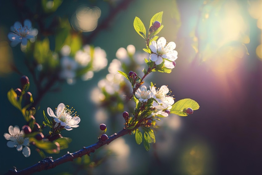 White Blossoms on Branches | Moody Colors | Sunrays | Dark Red & Light Emerald | Selective Focus