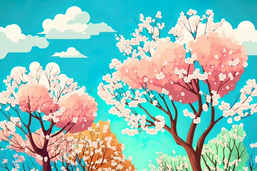Colorful Cherry Blossom Trees in Vibrant Cartoonish Style