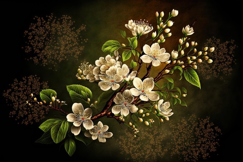 Dark Bronze and Emerald Blossomed Branches | Painted Illustrations