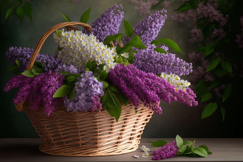 Purple and White Lilacs in a Wicker Basket - Photo-realistic Still Life