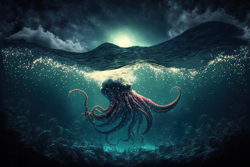 Octopus Swimming Underwater at Night - Hyperrealistic Illustration