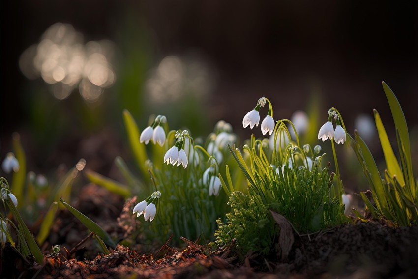 Gentle Sprouting Snowdrops: A Serene Floral Scene