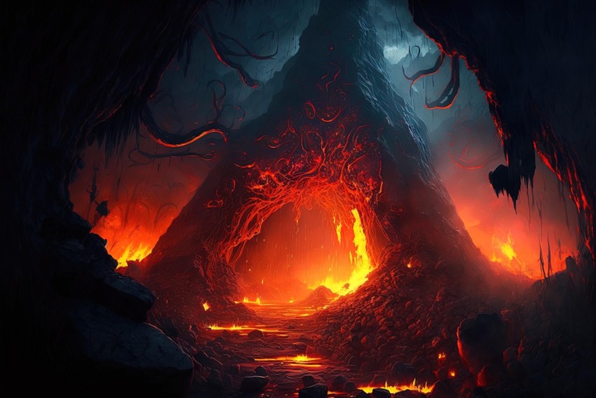 Hauntingly Beautiful Cavern with Fire - Bugcore Fantasy Art