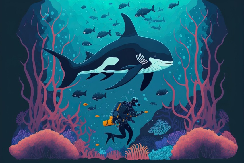 Orca-shaped Ocean with Diver and Coral - Detailed Character Illustration