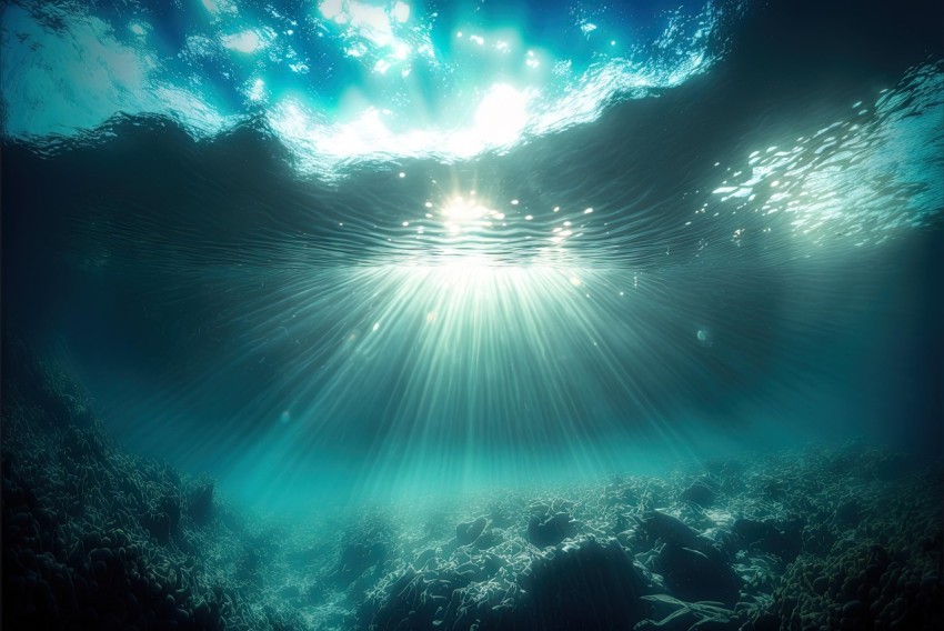 Underwater Scene with Sun Rays - Atmospheric Skies in Dark Cyan and White
