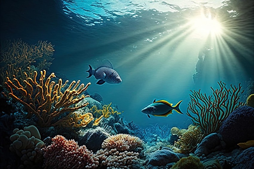 Underwater Coral and Fish with Sun Rays - Realistic Scenery