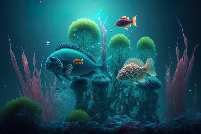 Hyperrealistic Aquarium Illustration with Fish and Corals