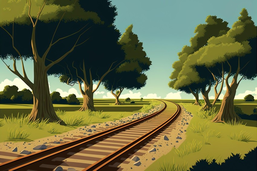 Retro Visuals: Railroad Tracks in a Field with Trees