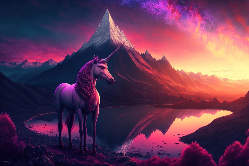 Majestic Unicorn by the Mountain: Hyperrealistic Illustration