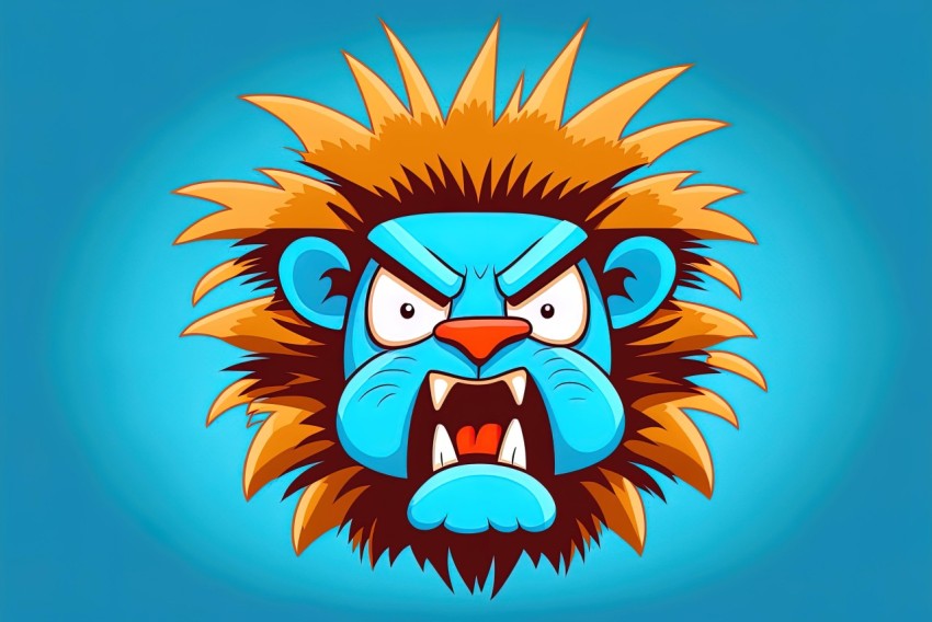 Angry Cartoon Lion Head Illustration in Dark Cyan and Sky-Blue