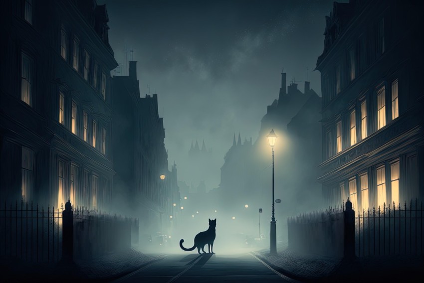 Gothic Cat Walking on Empty Street at Night | Hyper-Detailed Illustration
