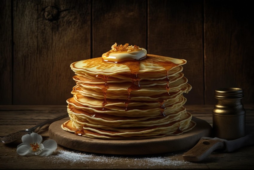 Delicious Stack of Pancakes on Wooden Table