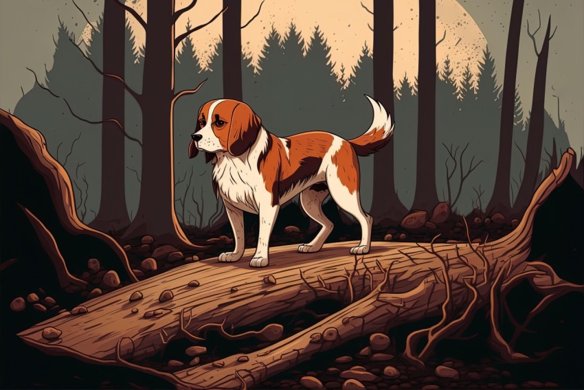 Illustration of a Dog in the Woods on a Log