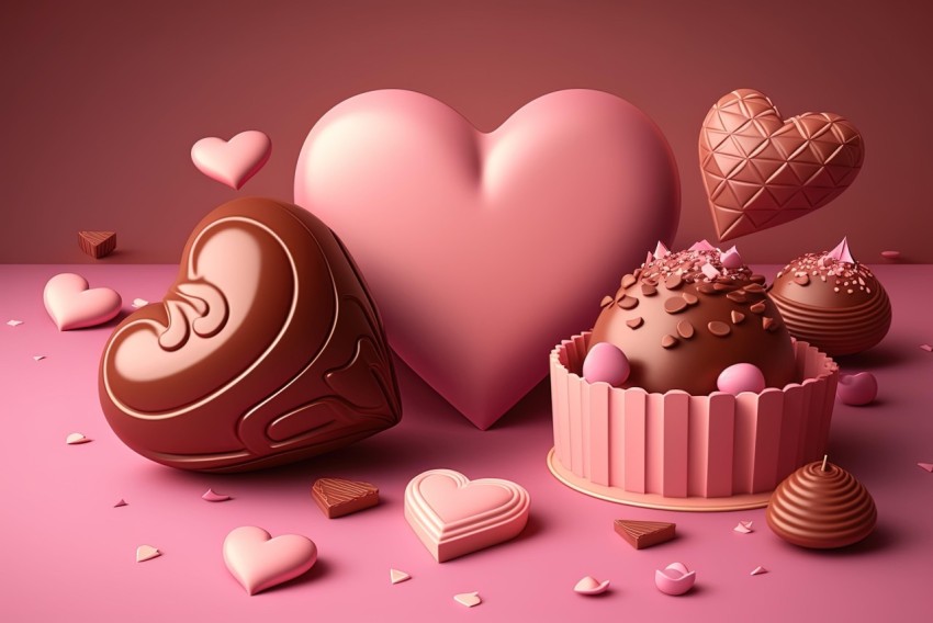 Valentine-Themed Hyperrealistic Illustration with Chocolate Cake and Pink Candy
